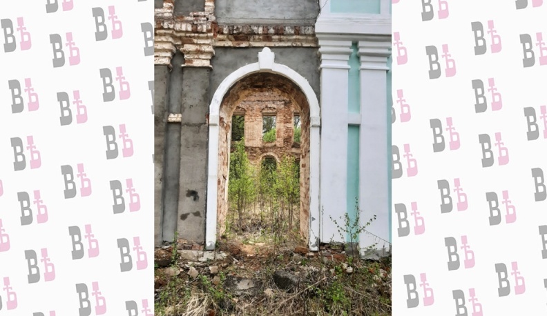 Усадьба Чириковых в Ферзикове. Апрель 2023 года. Полуруинированный главный дом, некогда превосходный образец елизаветинского барокко, находится в предельно аварийном состоянии. Внутри здания и на наружных стенах сейчас активно разрастаются молодые деревья