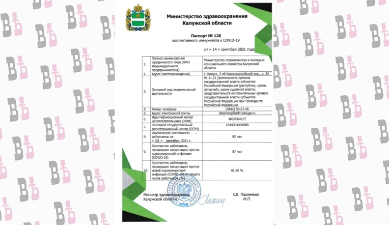 Минстрой Калужской области получил паспорт коллективного иммунитета от ковида
