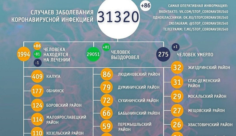 За сутки коронавирусом заболели жители 15 районов Калужской области
