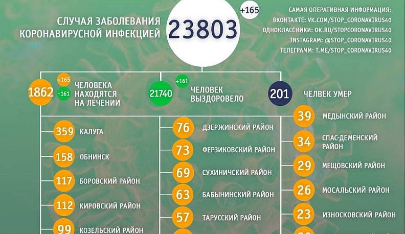 В Калужской области за сутки коронавирусом заразились 165 человек 