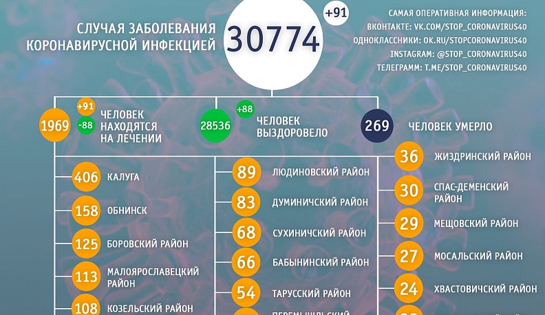 В Калужской области выявили 91 новый случай заражения коронавирусом