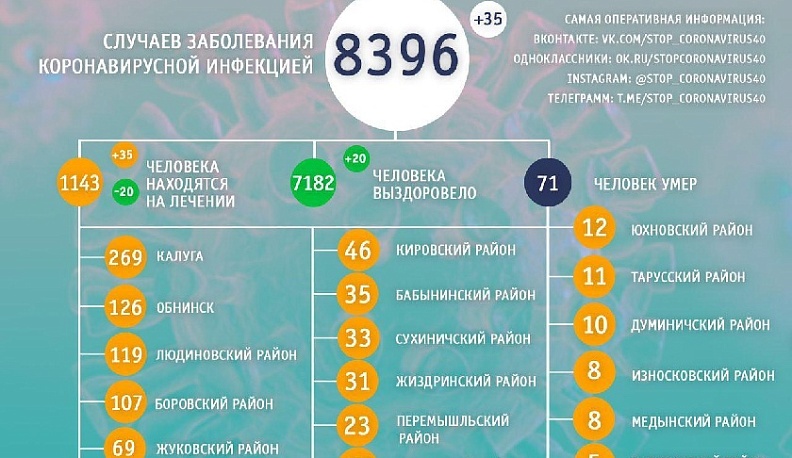 В Калужской области за сутки 35 человек заболели коронавирусом