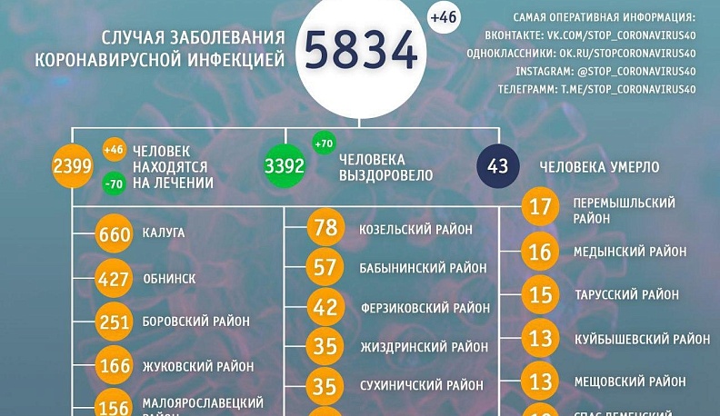 В Калужской области побороли коронавирус еще 70 человек