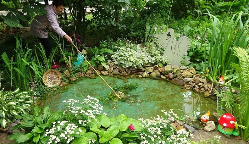 У многоквартирного дома № 13 по ул. Кибальчича Нина Батусева сделала даже маленький прудик и запустила туда рыбок.