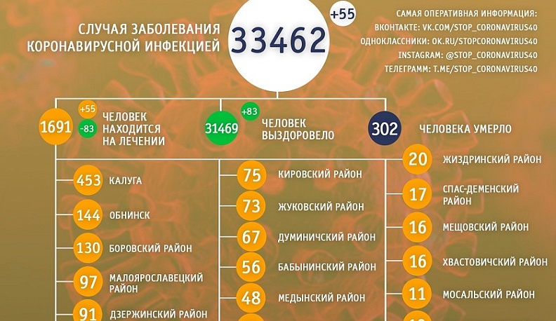 В Калужской области за сутки выявили 55 новых случаев коронавируса