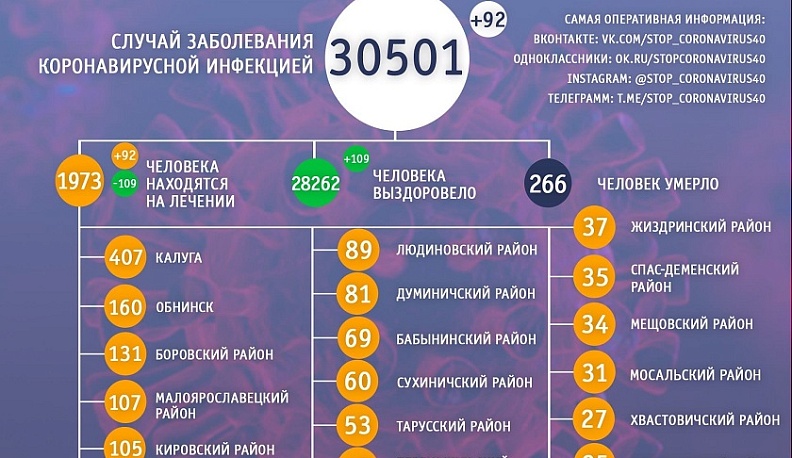 В Калужской области за сутки коронавирусом заболели 92 человека