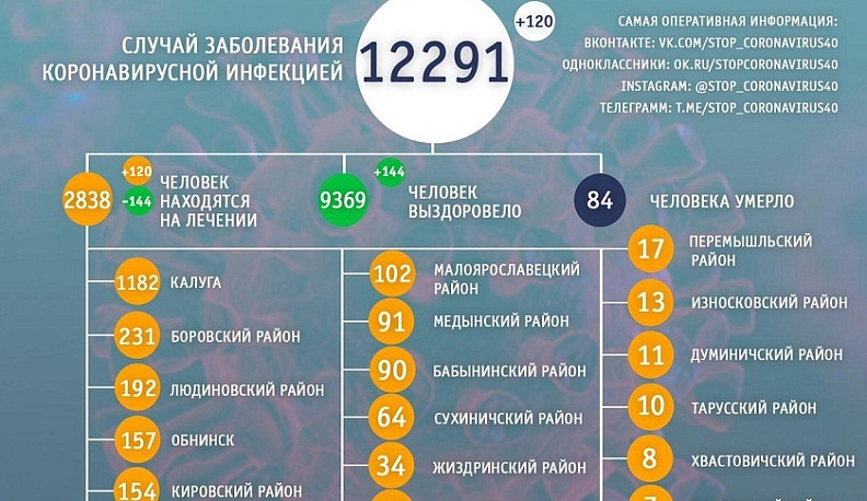 В Калужской области за сутки выявлено 120 случаев коронавируса