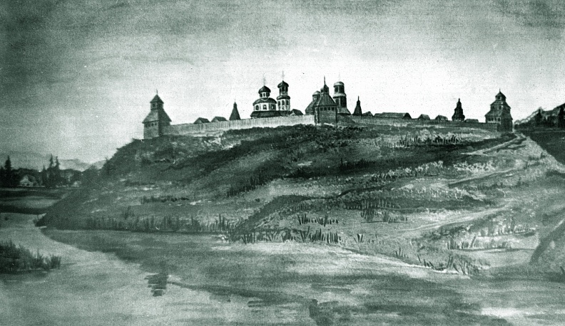  Вид северной части г. Боровска и крепости с левого берега р. Протвы.  XVI - XVII вв. Фотокопия реконструкции художника Павла Фоломеева. 1950-е гг.