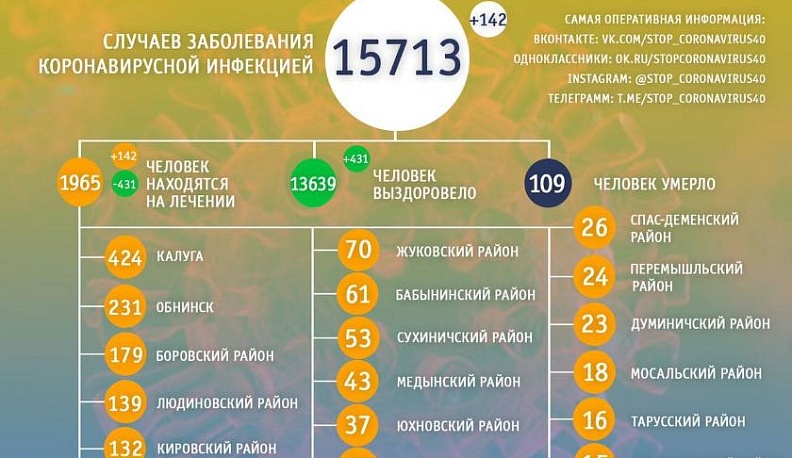 За сутки от коронавируса вылечили 431 жителя Калужской области