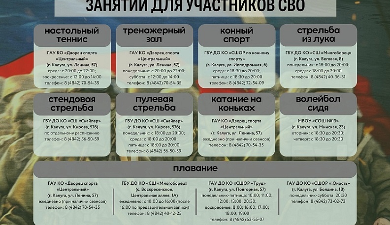 В Калужской области во всех спортивных школах региона ветеранам и участникам СВО  предоставляется бесплатное посещение физкультурно-оздоровительных секций