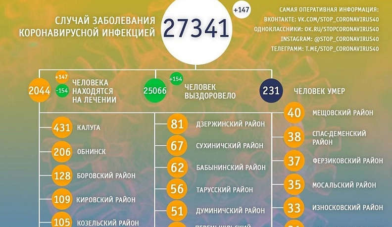 За сутки в Калужской области выявлено 147 подтвержденных случаев коронавируса