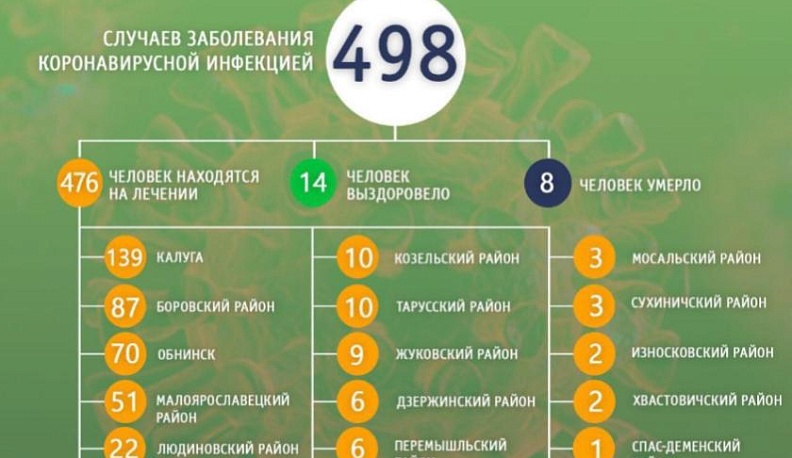 Количество заболевших коронавирусной инфекцией в Калужской области увеличилось до 498