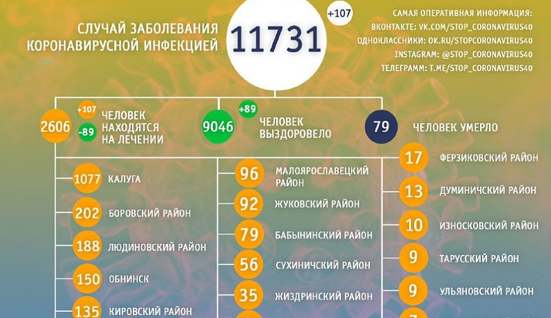 В Калужской области 107 новых заболевших
